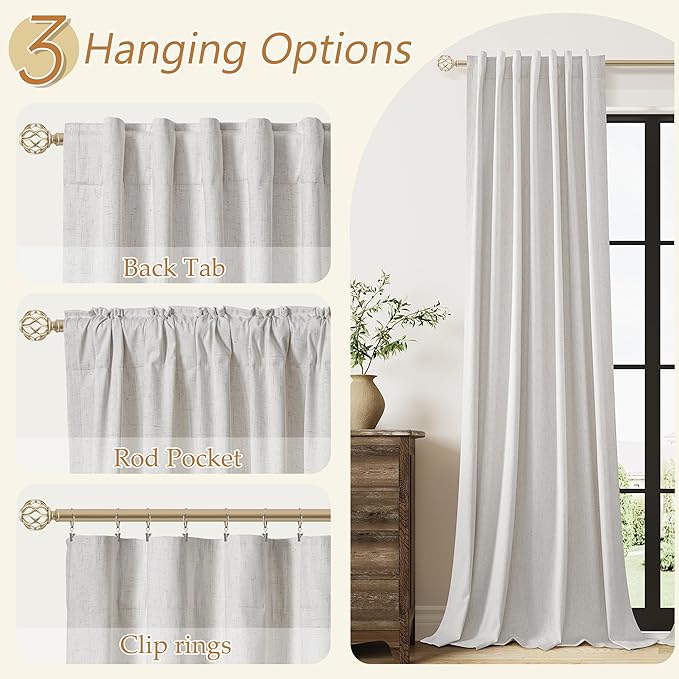 Guken 90 Inch Long Natural 100% Blackout Linen Curtains for Living Room Back Tab Rod Pocket Modern Farmhouse Thermal Insulated Drapes for Bedroom Black Out Window Curtain 2 Panels, 52x90