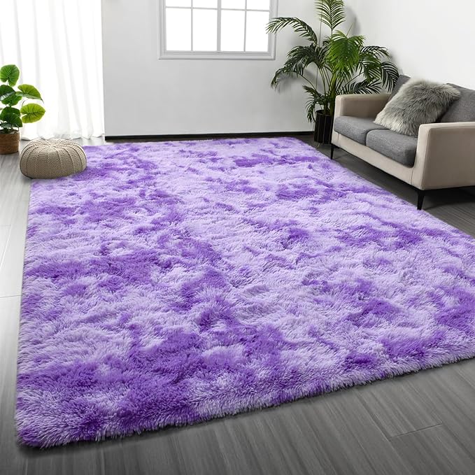 Deerhoo Large Shag Area Rugs 8 x 10, Tie-Dyed Plush Fuzzy Rugs for Living Room, Ultra Soft Fluffy Furry Rug for Bedroom, Indoor Carpet Nursery Rugs for Kids Room Home Decor, Purple