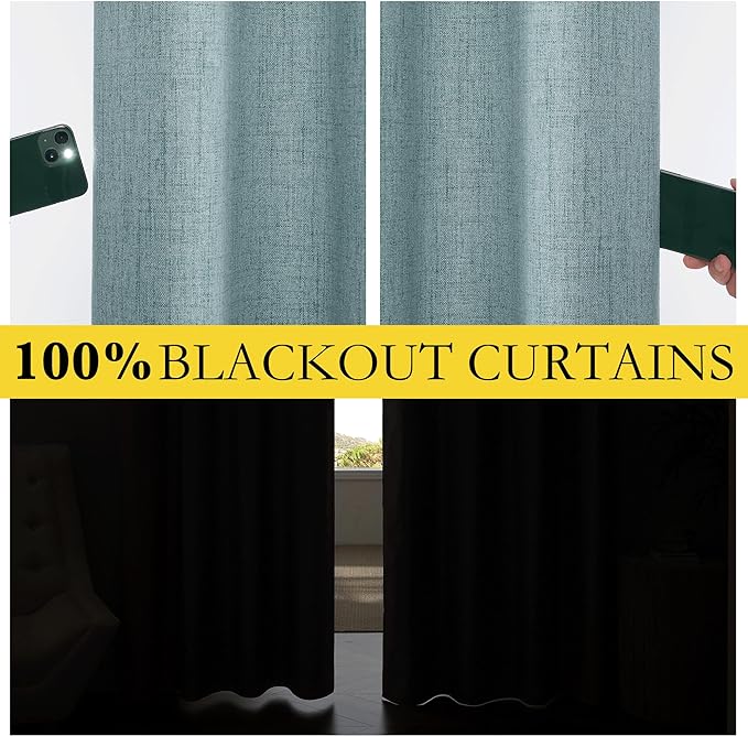 NICETOWN 100% Absolutely Blackout Linen Curtains with Thermal Insulated Liner, Skylark Blue, 62" Wide, 108" Length Energy Saving Curtains for Living Room 2 Panels Set, Vertical Blinds