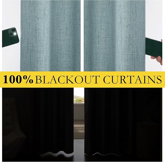 NICETOWN 100% Absolutely Blackout Linen Curtains with Thermal Insulated White Liner, Skylark Blue, 52" Wide, 120" Length Energy Saving Curtains for Living Room 2 Panels Set, Vertical Blinds