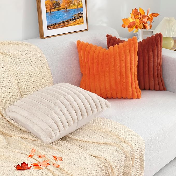 decorUhome Cozy Faux Fur Throw Pillow Covers 26x26 Set of 2 Decorative Soft Plush Striped Modern Farmhouse Boho Couch Euro Sham Pillow Cases with Velvet Back for Sofa Bed Living Room, Rust