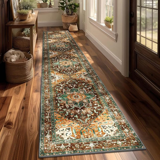 Yamaziot Washable Runner Rug, 2x10 Non-Slip Boho Vintage Hallway Rug Runner with Rubber Backing, Stain Resistant Distressed Carpet Runner for Bedroom, Kitchen, Laundry, Entrance