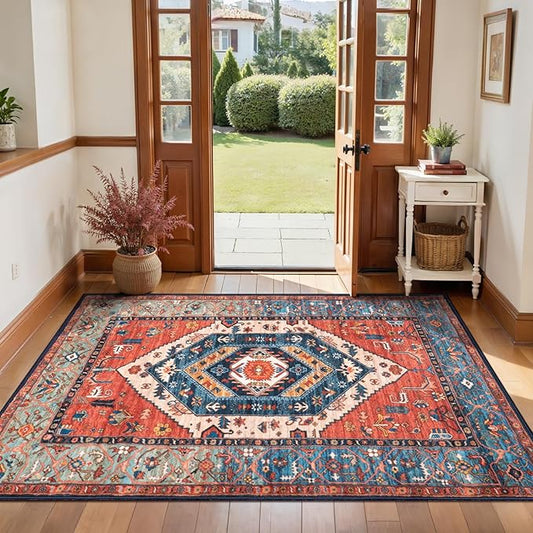 SERISSA Boho Area Rugs for Entryway, 3x4 Washable Non-Slip Kitchen Rug, Ultra Soft Print Distressed Rust Rug Low-Pile Throw Door Mat Indoor Entrance Carpet for Bedroom Living Room Dorm Decor