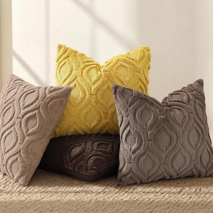 decorUhome Throw Pillow Covers 24x24 Inch Set of 2, Soft Plush Faux Wool Light Brown Solid Couch Pillow Covers, Accent Euro Sham Farmhouse Neutral Square Pillow Cases for Sofa Bed Living Room