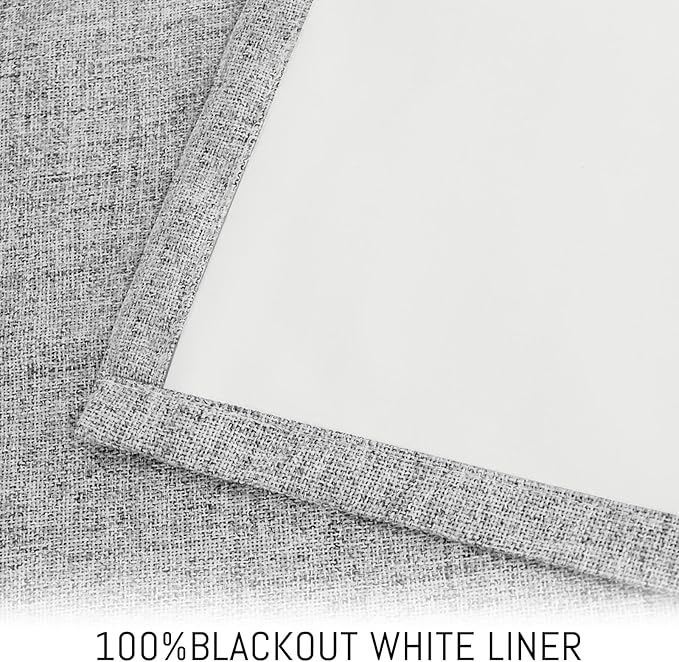 Yakamok Dove Grey Linen Curtains 100% Blackout 96 Inches Long,Room Darkening Textured Curtains for Living Room Thermal Grommet Bedroom Drapes 2 Panels with Greyish White Liner
