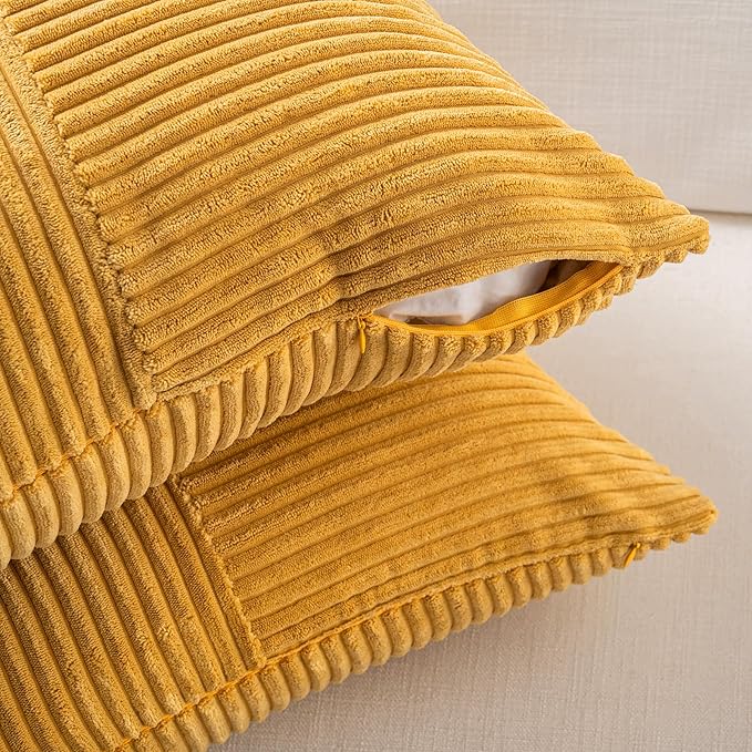 Fancy Homi 2 Packs Gold Yellow Decorative Throw Pillow Covers 22x22 Inch for Living Room Couch Bed Sofa, Farmhouse Boho Home Decor, Soft Corss Corduroy Patchwork Accent Square Cushion Case 55x55 cm