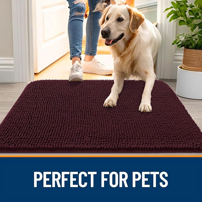OLANLY Dog Door Mat for Muddy Paws 32x20, Absorbs Moisture and Dirt, Absorbent Non-Slip Washable Doormat, Quick Dry Chenille Mud Mat for Dogs, Entry Indoor Entryway Carpet for Inside Floor, Russet