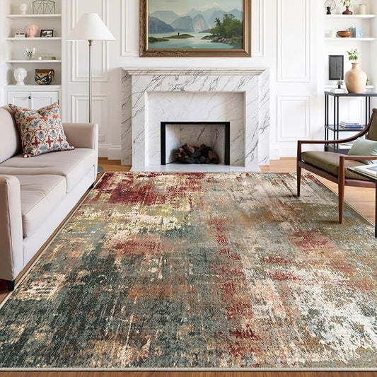 Washable Area Rugs 8'x10' Non-Slip Modern Abstract Soft for Living Room Entryway Bedroom Nursery, Print Pattern, Brown Rust Red Green Blue Multi