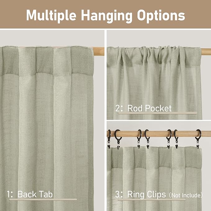 LAMIT Sage Grey Sheer Linen Curtains 63 Inch for Bedroom, Light Filtering Neutral Semi Sheer Farmhouse Boho Curtains Back Tab and Rod Pocket Living Room Panels, 2 Panels, 52 x 63 Inch