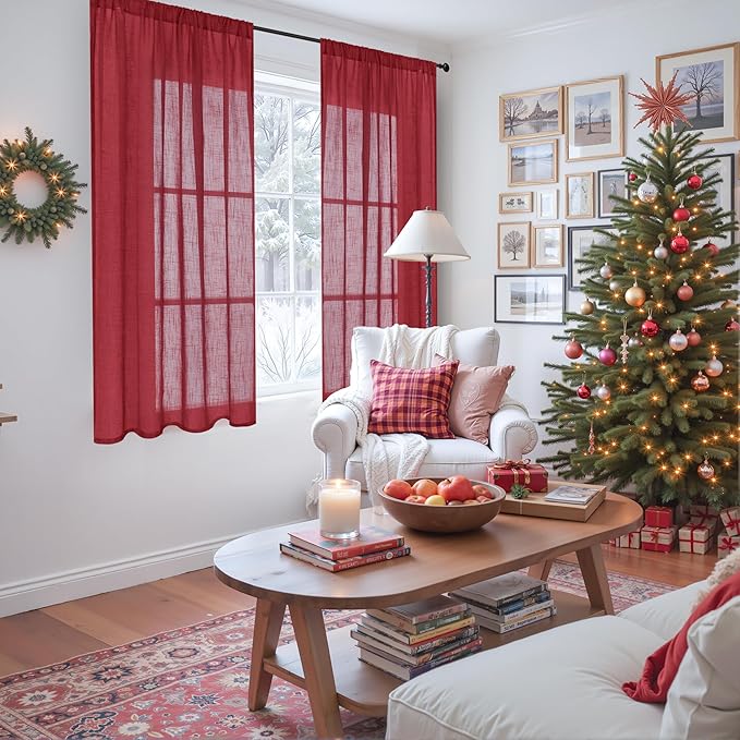 BGment Burgundy Curtains Semi Sheer 48 Inch Length for Windows, Linen Drapes Lightweight Rustic with Rod Pocket for Short Living Room Bedroom Office, 2 Panels Set, Each 42 Inch Wide