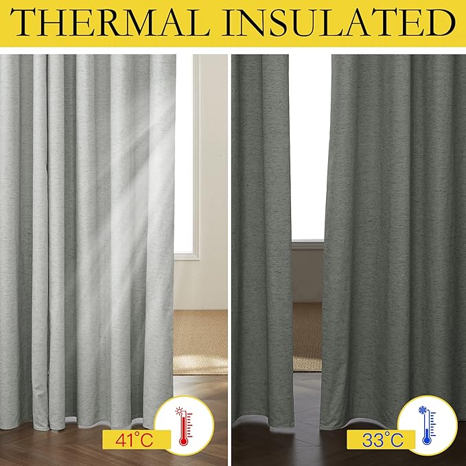 NICETOWN Grey Long Linen Full Shade Panels, 52" Wide x 95" Long, Pair of Thermal Insulated & Energy Efficiency Blackout Curtains for Living Room Windows, Lined Silky Performance Window Dressing