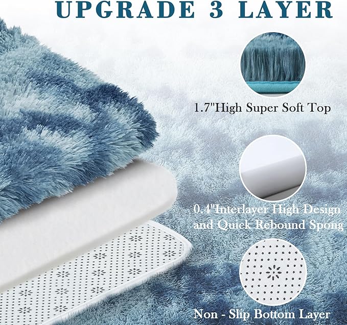 Super Soft Shaggy Area Rugs for Bedroom 4x6 Feet, Shaggy Plush Living Room Shag Furry Floor Rugs, Non-Shedding Indoor Rugs for Living Room Decor(4 x 6, Dark Blue Tie-Dyed)