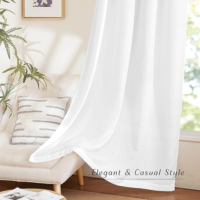 NICETOWN White Linen Curtains 102 inches Long for Bedroom, Grommet Privacy Added with Light Filtering Thick Flax Linen Burlap Window Treatments for Living Room, W55 x L102, 2 Panels