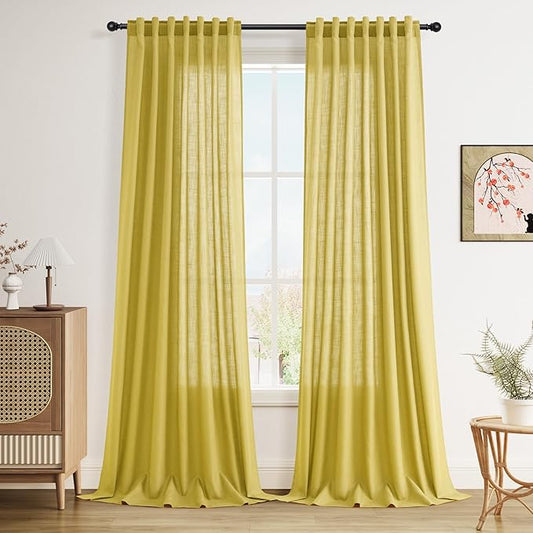 Nanspring Celery Yellow Linen Curtains 90 Inches Long 2 Panel Set Back Tab Rod Pocket Light Weight Semi Sheer Neutral Farmhouse Decor for Living Room and Bedroom 52x90