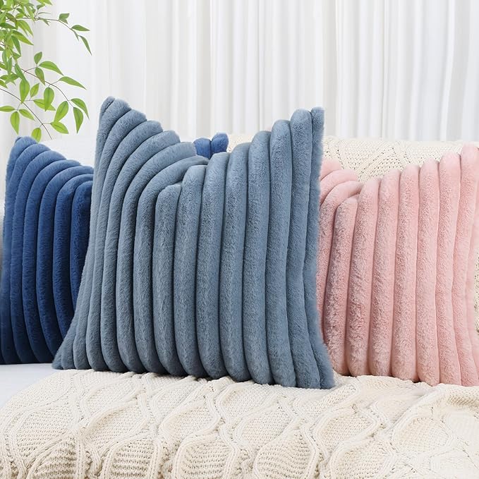 decorUhome Cozy Faux Fur Throw Pillow Covers 16x16 Set of 2 Decorative Soft Plush Striped Modern Farmhouse Boho Couch Pillow Cases with Velvet Back for Sofa Bed Living Room, Grey Blue
