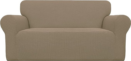Easy-Going Stretch Loveseat Slipcover 1-Piece Sofa Cover Furniture Protector Couch Soft with Elastic Bottom for Kids Polyester Spandex Jacquard Fabric Small Checks (Loveseat, Tan)