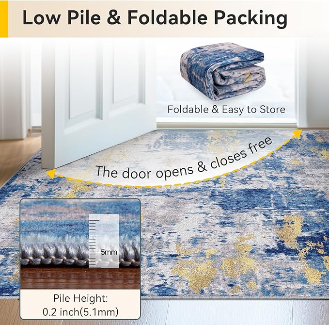 Washable Area Rugs 7x10 Non-Slip Modern Abstract Soft for Living Room Entryway Bedroom Nursery, Print Pattern, Grey Blue Gold/Golden