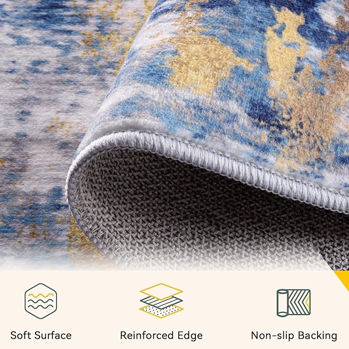 Washable Area Rugs 10'x14' Non-Slip Modern Abstract Soft for Living Room Entryway Bedroom Nursery, Print Pattern, Grey Blue Gold/Golden