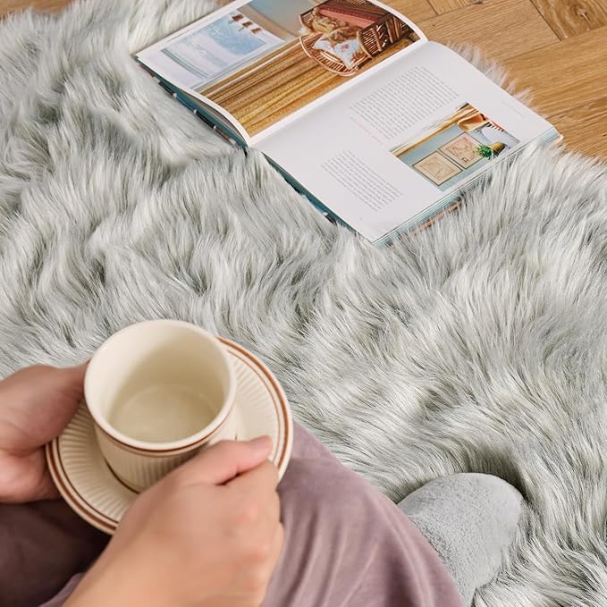 MIULEE Luxury Super Soft Fluffy Area Rug Faux Fur Sheepskin Rug Decorative Plush Shaggy Carpet for Bedside Sofa Floor Nursery 2 x 6 Feet, Light Grey