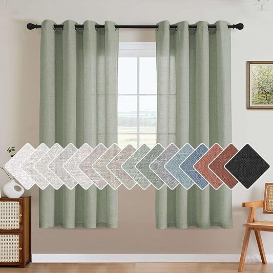 H.VERSAILTEX Living Room Linen Curtains - Semi Sheer, Nickel Grommet, Energy Saving Light Filtering Panels for Bedroom, Sea Grass, 2 Panels, 52 x 72 Inch