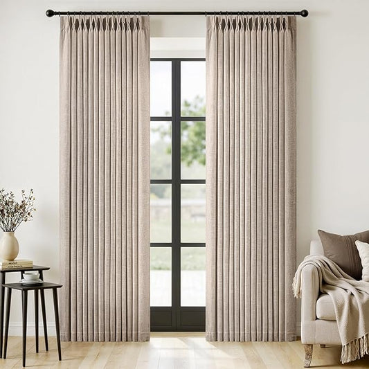 MIULEE Pinch Pleated Thick Linen Curtains 90 Inches Long 2 Panels for Living Room Bedroom, Linen Texture Memory Trained Drapes Pinch Pleat Rustic Farmhouse Window Curtains with Hooks&Rings, Taupe