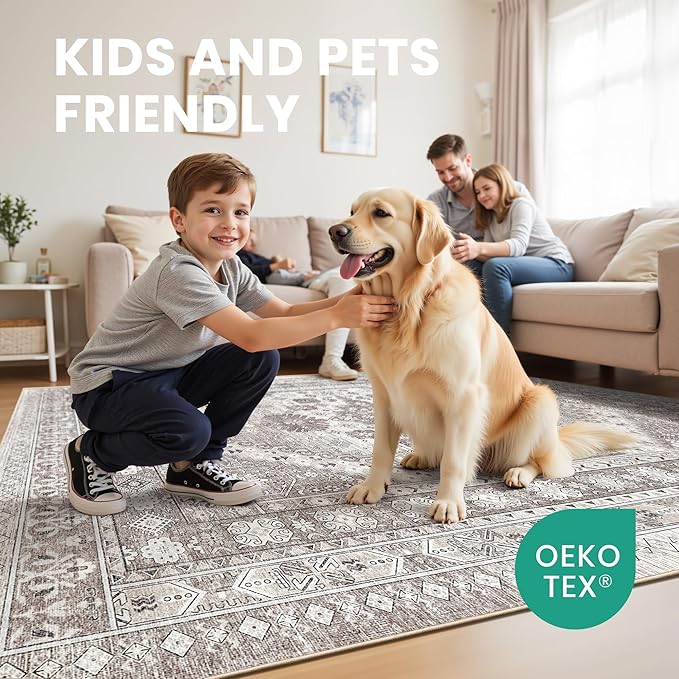 zesthome 7x9 Area Rug, Super Soft Washable Rugs for Living Room, Non-Slip Stain Resistant Vintage Rugs, Ultra-Thin Large Area Rugs (Brown/Beige,7'x9')