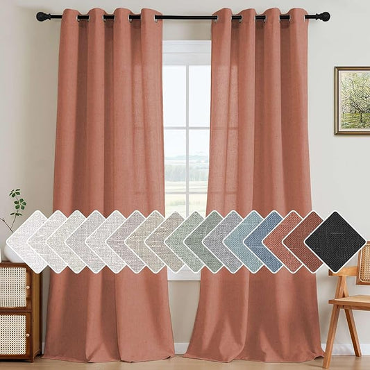 H.VERSAILTEX Linen Curtains Home Decorative Nickel Grommet Semi Sheer Curtains Privacy Added Energy Saving Light Filtering Window Treatments Draperies for Bedroom, Terracotta, 2 Panels, 52 x 96 - Inch