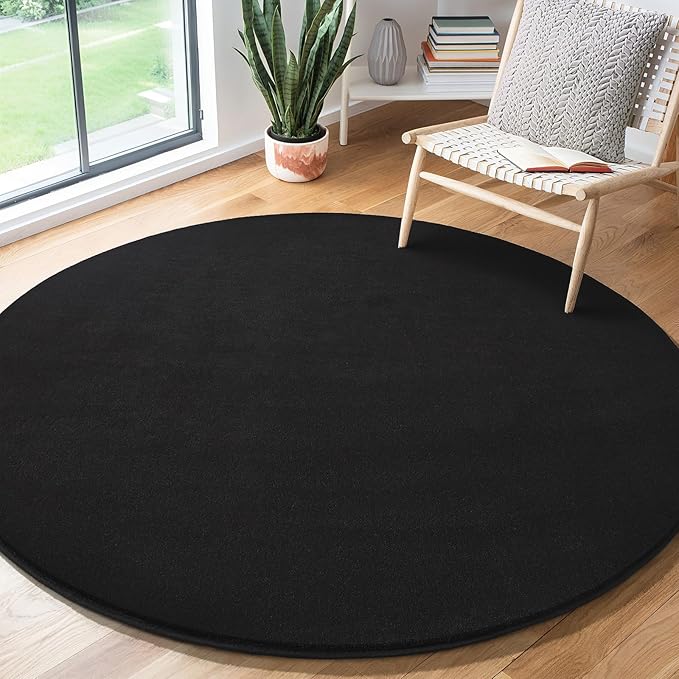 Amearea Black Round Area Rugs 4ft Washable Circle Rugs for Bedroom Living Room, Fluffy Indoor Thickened Memory Foam Rug, Non Slip Minimalist Circular Carpet for Kids Boys Girls Dorm Nursery Room Decor