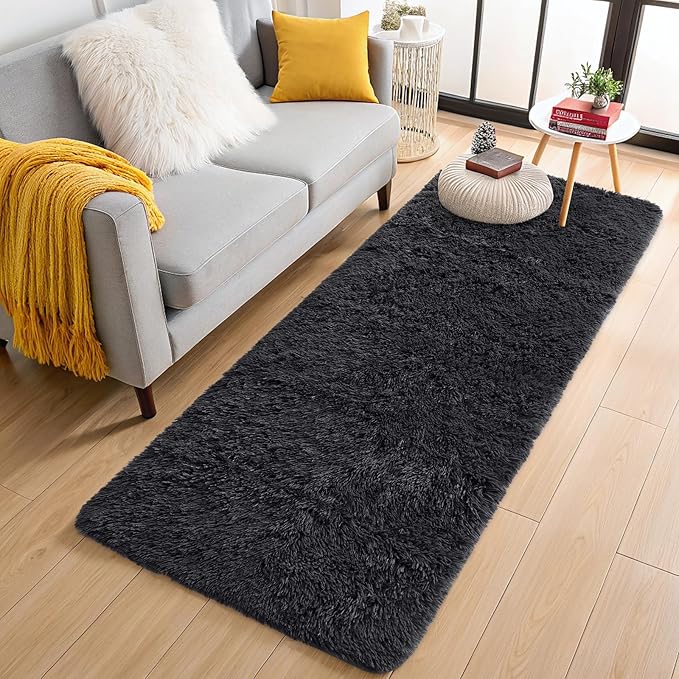 OLANLY 3x10 Machine Washable Runner Rugs for Hallway, Soft Fluffy Shaggy Bedside Rugs for Bedroom, Living Room, Indoor Floor Carpet for Kids Girls and Boys, Nursery Rooms, Home Decor Aesthetic, Black