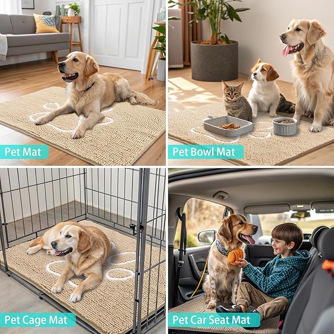 Smiry Dog Door Mat for Muddy Paws, Absorbent Dirt Trapper Non Slip Quick Dry Washable Chenille Mat for Mud Dogs, Entry Rug for Indoor and Outdoor (36x24 Inches, Beige and White)