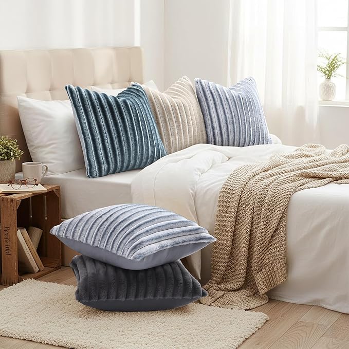 decorUhome Cozy Faux Fur Throw Pillow Covers 26x26 Set of 2 Decorative Soft Plush Striped Modern Farmhouse Boho Couch Euro Sham Pillow Cases with Velvet Back for Sofa Bed Living Room, Grey White