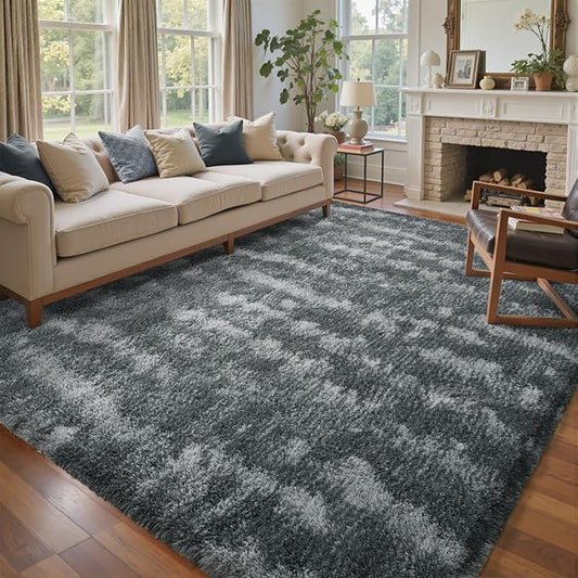 6x9 Ft Large Shag Rugs for Living Room Decor, Tie-Dyed Ultra Soft Fluffy Furry Area Rugs for Bedroom Indoor Floor, Aesthetic Carpet for Kids Home (Grey)
