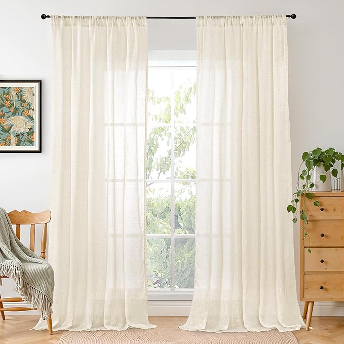 BGment 108 Inches Long Linen Curtains for Living Room Windows, Semi Sheer Drapes Light Filtering for Farmhouse Bedroom Decor Lightweight with Rod Pocket, Light Beige, 2 Panels Set, Each 52 Inch Wide