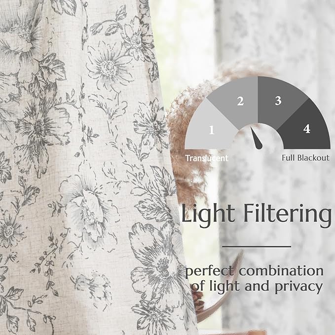 jinchan Linen Blend Curtain Floral Curtains for Living Room 84 Inch Length Grey Printed Curtain Rod Pocket Back Tab Farmhouse Peony Flower Patterned Drapes Bedroom Window Curtains Set 2 Panels