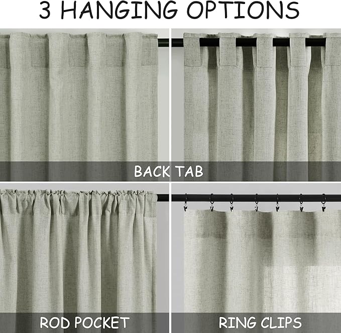Nanspring Sage Green Curtains 144 Inches Long 2 Panels for Living Room Back Tab Rod Pocket Semi Sheer Linen Drapes Neutral Sage Decor Green Curtain Ceiling to Floor Length for Dining Room 52x144