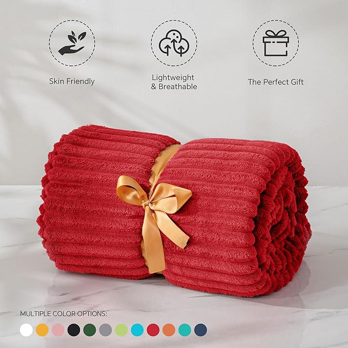BEDELITE Fleece Throw Blanket for Couch – 3D Ribbed Jacquard Soft and Warm Decorative Fuzzy Blanket – Cozy, Fluffy, Plush Lightweight Red Throw Blankets for Bed, Sofa, 50x60 inches