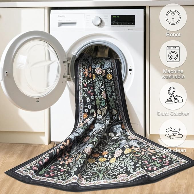 Round Area Rug for Living Room: 4 ft Floral Washable Circle Rug Soft Boho Non-Slip Carpet Indoor Stain Resistant Low Pile Small Circular Rug for Bedroom Entryway Kitchen Nursery Home Office Dark Black