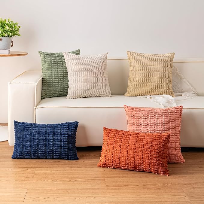 Pack of 2 Corduroy Decorative Throw Pillow Covers 22x22 Inch Soft Striped Pillow Covers Modern Farmhouse Home Decor for Sofa Living Room Couch Bed（Coffee）