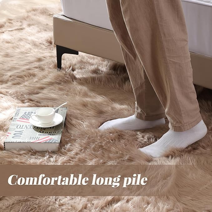 ORINOVA Fluffy Beige 8X10 Area Rug Faux Sheepskin Shaggy Fur Rug Washable for Living Room Bedroom Nursery Teen Room Home Décor