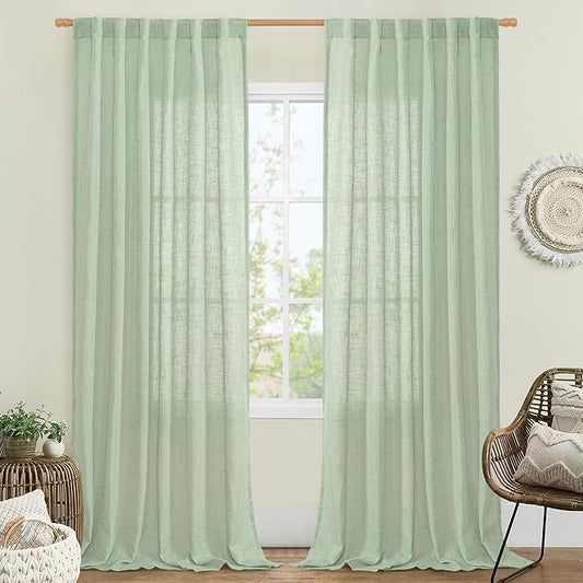 LAMIT 95 Inches Long Fresh Green Linen Curtains for Living Room, Back Tab and Rod Pocket Semi Sheer Curtains Light Filtering Farmhouse Drapes for Bedroom/Dining Room, Set of 2, 52 x 95 Inch