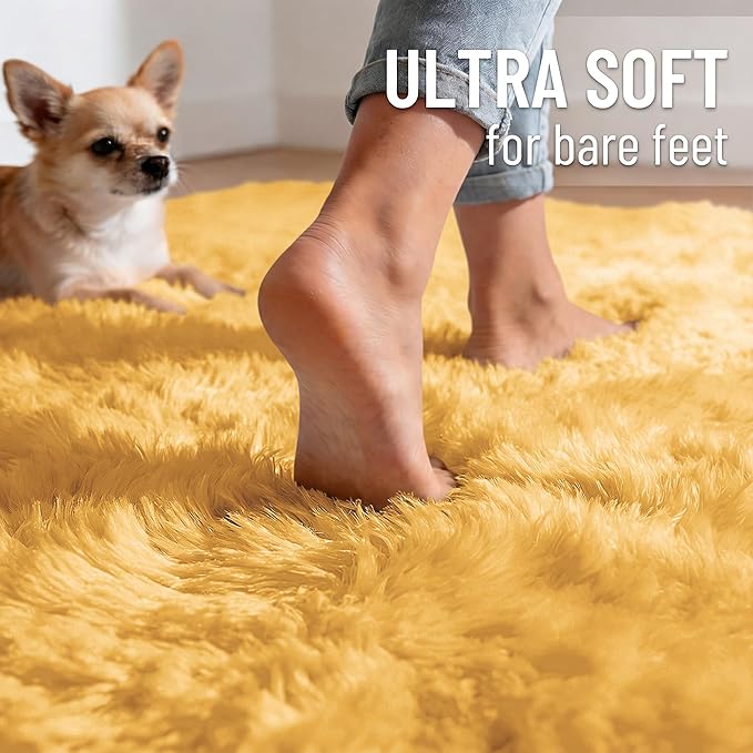 OLANLY 3x5 Machine Washable Small Bedside Rug, Soft Fluffy Shaggy Rugs for Living Room, Bedroom, Indoor Floor Carpet for Kids Girls and Boys, Preppy Dorms, Nursery, Home Decor, Mustard Yellow