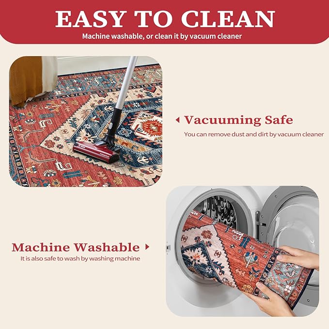 SERISSA Boho Rugs for Entryway, 2x3 Rust Entryway Rug Non-Slip Washable Small Area Rug, Ultra Soft Oriental Vintage Low-Pile Indoor Door Mat Floor Carpet for Entrance Bedroom Kitchen Bathroom