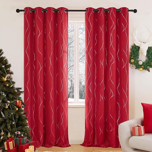 Deconovo Blackout Curtains, Christmas Red Curtain, Thermal Insulated Noise‑Reduced Drapes, Wave Line Dot Foil Print, 52 x 108 Inch Long, 2 Panels, Machine‑Washable Window Curtain for Party Living Room