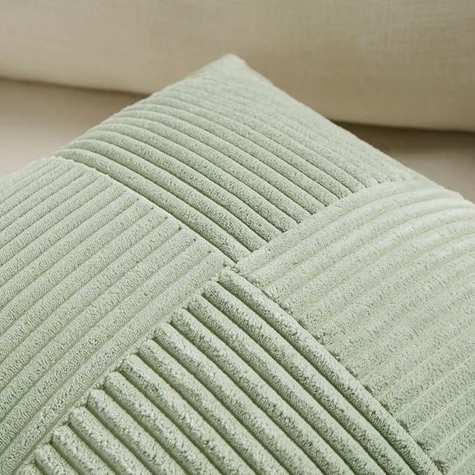 Fancy Homi 2 Packs Sage Green Lumbar Decorative Throw Pillow Covers 16x32 Inch for Living Room Couch Bed, Rustic Farmhouse Boho Home Decor, Soft Striped Corduroy Rectangle Accent Cushion Case 40x80 cm