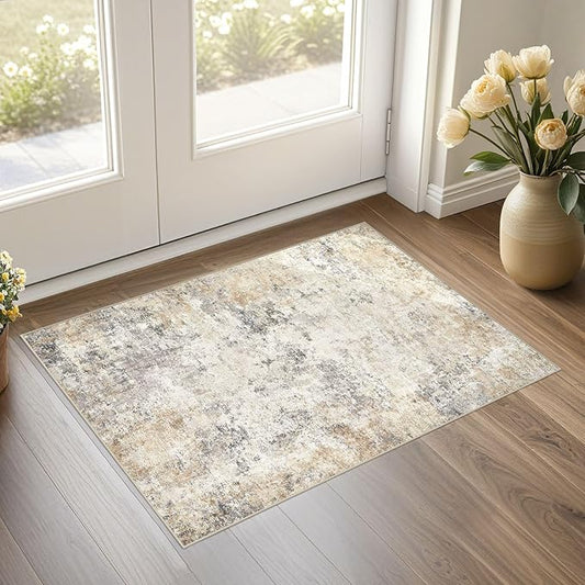UERMEI 2x3 Entryway Area Rug: Washable Neutral Modern Abstract Small Rug - Non-Slip Low Pile Throw Indoor Carpet for Entrance Kitchen Front Door Mat Bathroom Entry Kids Room - Golden Grey
