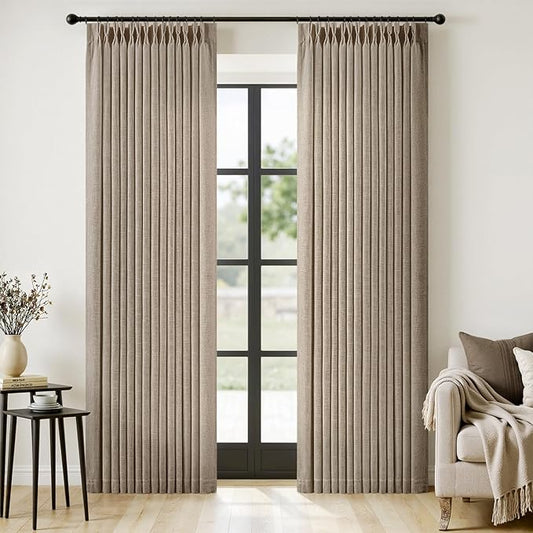 MIULEE Pinch Pleated Thick Linen Curtains 96 Inches Long 2 Panels for Living Room Bedroom, Memory Trained Pleat Drapes Light Filtering Grey Beige Semi Sheer Window Curtains Hooks Rings Back Tab