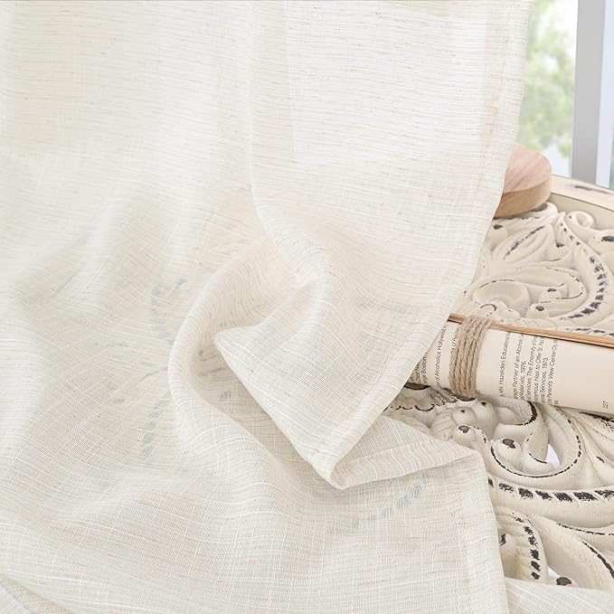 BGment Linen Curtains 40 Inch Length for Kitchen Cafe Window - Rod Pocket Ivory Semi Sheer Drapes Natural Light Filtering for Bedroom Bathroom Lightweight Rustic, 2 Panels Set, 42 X 40 Inch