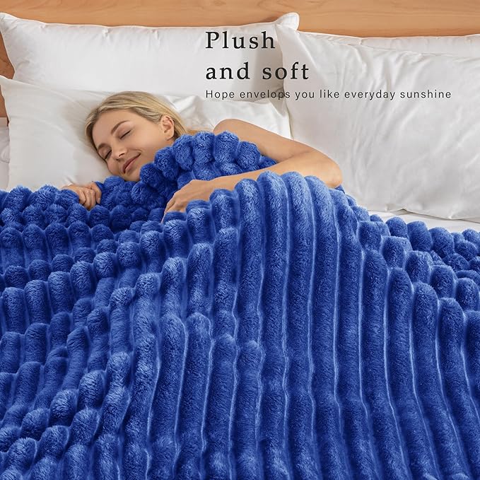 Exclusivo Mezcla King Size Flannel Fleece Blanket, Super Soft Striped Jacquard Bed Blanket, Lightweight Fuzzy Cozy for All Seasons, 90x104 Inches, Cobalt Blue
