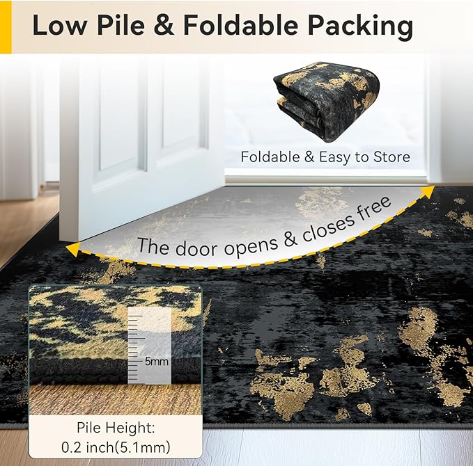 Washable Area Rugs 4ft Non-Slip Modern Abstract Soft for Living Room Entryway Bedroom Nursery, Print Pattern, Dark Black Gold