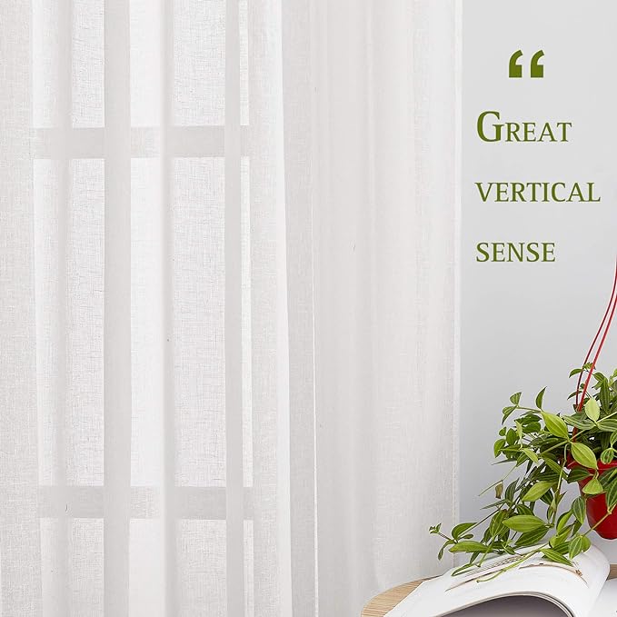 NICETOWN White Linen Sheer Curtains 63 inch Length, Vintage Grommet Linen Textured Semitransparent Privacy Window Treatment Light Filtering for Living Room, 52" W x 63" L, Set of 2